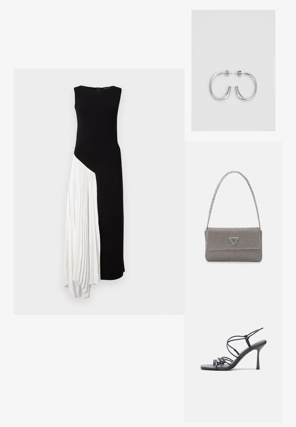 Pitkä, hihaton mekko, jossa on istuva musta paitaosa ja valkoinen, poimutettu sivupaneeli. Sileä pinnan laatu, pyöreä pääntie ja vetoketjusuljin.; Mustat korkokengät sandaalit, joissa on ohuet hihnat solmittuna, sileä neliön muotoinen varvasosa ja tyylikäs stiletto-korko.; Vaalea harmaa metallinen käsilaukku, jossa on ketjusanka. Laukku on koristeltu pienillä pyöreillä metallikoruilla ja kolmion muotoisella brändilogolla.; Hopehopeet hopehopeet hopehopeet hopehopeet, jolla on sileä, kiiltävä pinta. Pyöreä muoto, kevyt rakenne, jossa on neulakiinnitys.