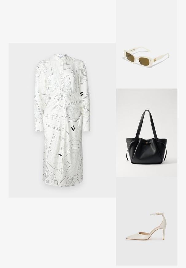 White shirt dress with black geometric patterns, long sleeves, collar, and button front. Soft fabric with smooth texture. Designed with a cinched waist.; White leather high-heeled shoe with a pointed toe, ankle strap, and a slim stiletto heel. Smooth texture with subtle glossy finish.; White plastic sunglasses with a rectangular frame, brown lenses, and a gold accent on the temple. Smooth texture and modern design.; Black leather tote bag with two long straps, a cinched top, and a gold circular accent. Smooth texture with a minimalist design.