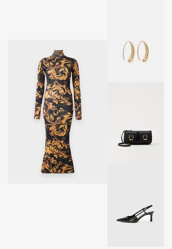 Rochie neagră, ajustată, cu mâneci lungi și guler înalt, cu un model baroc floral ornate în nuanțe de aur și maro, până la jumătatea gambelor, și textură de material cu nervuri.; Pantofi cu toc slingback negri din patent, cu vârf ascuțit, cu imprimeu de șarpe texturat, curea ajustabilă și toc scurt texturat.; Geantă neagră din piele, tip crossbody, cu două buzunare frontale, catarame aurii, închidere cu fermoar și o curea subțire. Suprafață texturată și formă rectangulară compactă.; Cercei din metal auriu, cu un design curbat și alungit. Au o suprafață netedă și strălucitoare, cu un vârf rotunjit pentru un detaliu suplimentar.