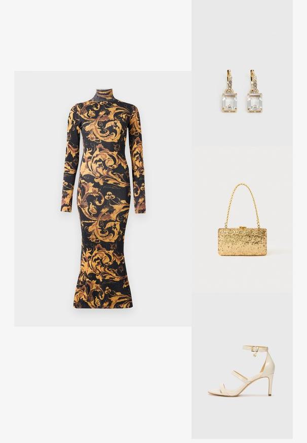 Črna oprijeta dolga majica s turtleneck ovratnikom in zlatim in rjavim okrasnim cvetličnim baročnim vzorcem, dolžine do sredine meč, z rebrasto teksturo tkanine.; Bež čevlji na visoki peti s tankim trakcem okrog gležnja in dvema zgornjima trakoma. Sijajna lakirana površina in zlat detajl na trakcu okrog gležnja.; Zlata torbica s pomičnim šalom v pravokotni obliki, z zasukano verižico in kovinskim zapiranjem, ki odseva svetlobo z teksturirano površino.; Zlato obarvani uhani, ki vsebujejo pravokoten, prozoren kristal, obešen pod vrsto majhnih, okroglih prozornih dodatkov. Elegantna, moderna zasnova.