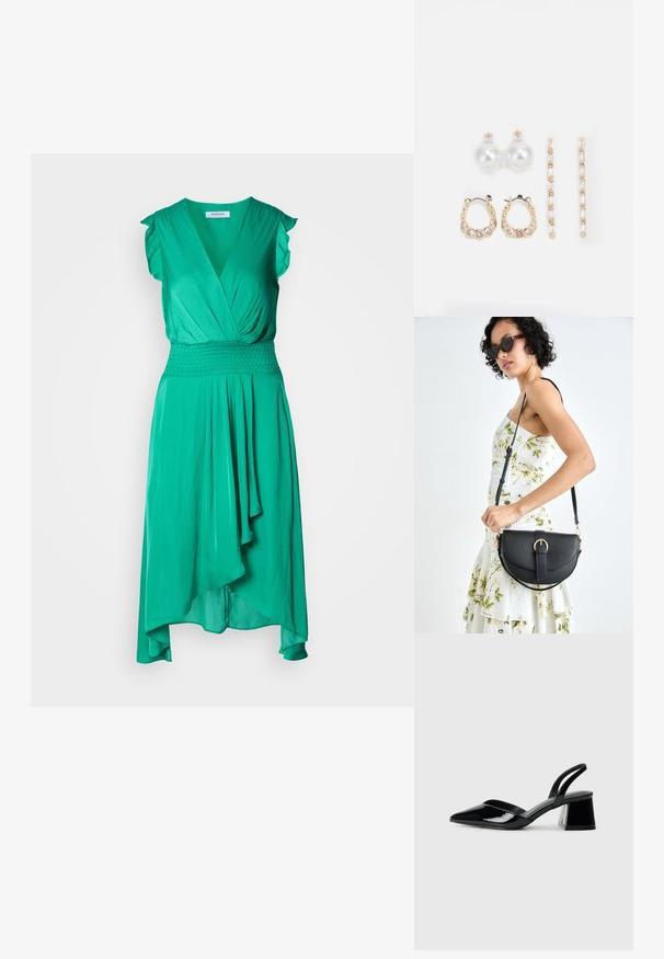 Abito verde realizzato in tessuto liscio con scollo a V, maniche corte a balze, vita arricciata e gonna drappeggiata asimmetrica.; Décolleté in vernice nera con punta affusolata e tacco in geometria cubica. Presentano un design elegante e minimalista, con una texture liscia.; Borsa a tracolla nera in pelle con una forma curva, manico rimovibile e accessori dorati. La borsa presenta una patta con un dettaglio a fibbia.; Tre paia di orecchini: grandi orecchini a perla bianca a bottone, orecchini a cerchio in oro con gemme trasparenti, e due orecchini d'accento d'oro lunghi e dritti con dettagli scintillanti.