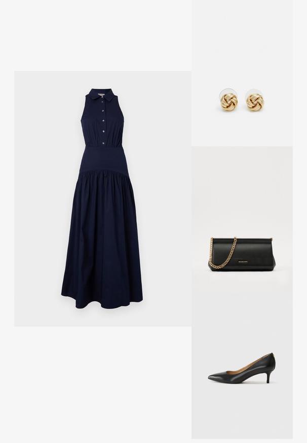 Ναυτικό μπλε αμάνικο φόρεμα με κουμπωτή μπροστινή πλευρά, κολαριστό γιακά, εφαρμοστή μέση και φουσκωτή, συγκεντρωμένη φούστα. Λεία υφή, βαμβακερό υλικό.; Μαύρο δερμάτινο τακούνι με μυτερή μύτη, χαμηλό τακούνι και λεία υφή. Διαθέτει ελαφρύ άνοιγμα στο μπροστινό μέρος και ελάχιστο υλικό στο πίσω μέρος.; Μαύρη δερμάτινη τσάντα πορτοφολιού με χρυσή αλυσίδα, που διαθέτει λεία υφή, ορθογώνιο σχήμα και ανάγλυφο λογότυπο στο μπροστινό μέρος.; Σκουλαρίκια σπιράλ σε χρυσό τόνο με πλεγμένο σχέδιο. Κάθε σκουλαρίκι διαθέτει κυκλική διαφανή βάση για ασφαλή εφαρμογή.