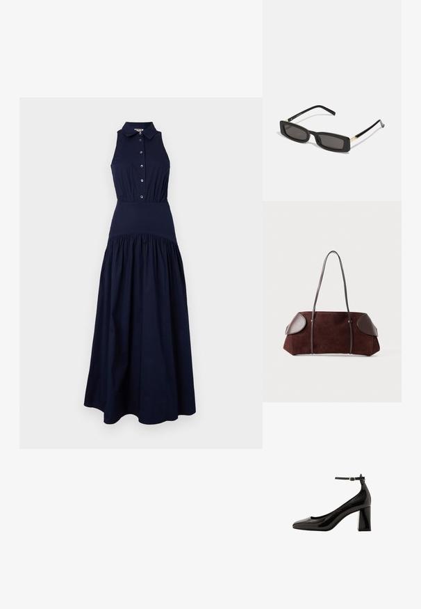 Námořnická modrá bezramínková šaty s knoflíkovým zapínáním, límečkem, přiléhavým pasem a rozšířenou, nařasenou sukní. Hladká textura, bavlněný materiál.; Černé lakované lodičky s ankletovým páskem, lesklým povrchem, špičatou špičkou a silným blokovým podpatkem. Hladký povrch, minimální detaily.; Černé obdélníkové sluneční brýle s tmavými skly, lesklými plastovými rámy a zlatými akcenty na spáncích. Minimalistický design a štíhlý tvar.; Hnědá semišová taška s koženými detaily, strukturovaného tvaru, s dvojitými ramenními popruhy a zaoblenými okraji, s hladkým povrchem a minimálním kovovým příslušenstvím.