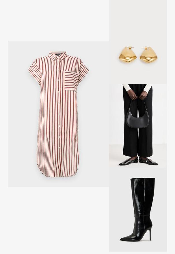 Haljina s crveno-bijelim prugama, s ovratnikom, kratkim rukavima, prednjim džepom i dugmadi, izrađena od lagane tkanine.; Crne kožne čizme do koljena s oštrim vrhom i visokim stiletto potpeticama. Glatka tekstura i sofisticirani dizajn, s minimalnim detaljima.; Crna kožna torba preko ramena zaobljenog oblika, s sjajnom završnom obradom i srebrnim hardverom. Osoba nosi crne hlače širokog kroja i loaferice sa studovima.; Zlatne metalne naušnice sa glatkim, zaobljenim trokutastim oblikom i dizajnom s postavljanjem na poleđini; reflektirajuća površina s minimalnim detaljima.