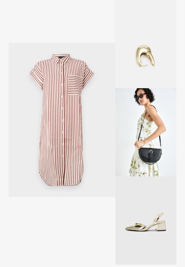 Sarkas ar sarkaniem un baltiem svītrainiem, ar apkakli, īsām piedurknēm, frontālo kabatu un pogu aizdari, izgatavots no viegla auduma.; Zeltaini, metāla kurpes ar siksniņām, norakans purngalis un masīla papēdis. Gluda tekstūra, minimālisma dizains un šaura siksna.; Melnas ādas rokassoma ar izliekta formu, noņemamu siksnu un zelta aksesuāriem. Somai ir vāciņš ar sprādzes detaļu.; Zeltīti metāla auskari ar gludu, izliekta dizaina. Ar atšķirīgu smailu formu, pulētu virsmu un eņģu aizdari.