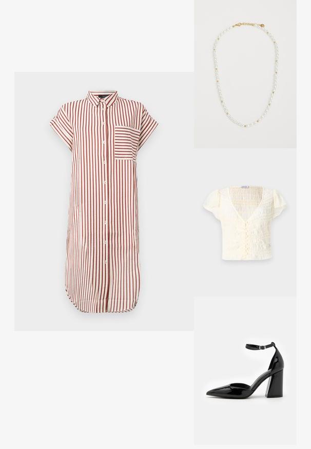 Rochie cămașă cu dungi roșii și albe, guler, mâneci scurte, o buzunare frontală și închidere cu butoane, realizată dintr-un material ușor.; Top scurt de culoare crem, cu textură pliată, decolteu în V și închidere cu nasture. Material ușor, cu mâneci billow subtiri.; Pantof lăcuit negru cu toc înalt, vârf ascuțit, curea la glezne și toc lat pentru stabilitate, având o textură netedă și lucioasă.; Colier din perle cu perle ovale albe alternate și mici mărgele de aur, având un închizător din aur pentru prindere. Textură netedă în ansamblu.
