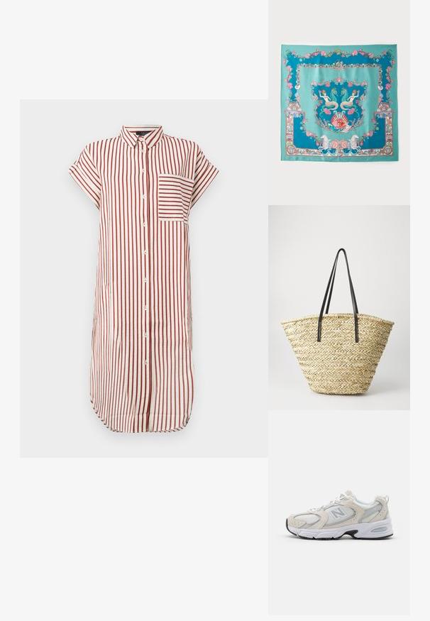 Abito camicia a righe rosse e bianche con colletto, maniche corte, tasca frontale e chiusura con bottoni, realizzato in tessuto leggero.; Scarpa sportiva con tomaia in mesh grigio chiaro e accenti in suede, lacci bianchi e suola in gomma nera. Dettaglio di ammortizzazione ABZORB notevole.; Foulard in seta turchese con intricati motivi a tema marino, tra cui sirene, conchiglie e corallo, incorniciato da un bordo decorativo.; Borsa a tracolla in paglia intrecciata con una forma ampia e affusolata, dotata di due manici in pelle nera. Colore beige naturale con una superficie texture.