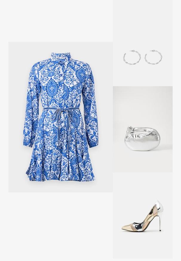 Rochie cu model albastru și alb, cu mâneci lungi, guler, închidere cu nasturi și cordon la talie. Prezintă un design floral și paisley.; Pantof cu toc înalt și vârf ascuțit, cu o schemă de culori argintii, aurii și nude. Finisaj lucios cu un design decupat, având un toc stiletto.; Pouch bag metalizat argintiu, cu o formă moale și rotunjită și un închidere de tip nod la partea de sus. Fabricat dintr-un material sintetic din piele netedă.; Cercei din argint cu un design torsadat, având un finisaj lucios și închidere cu tijă. Au un diametru de aproximativ 3 cm.