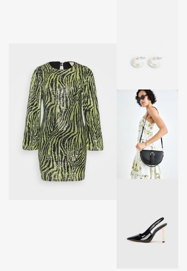 Žalias mini suknelė su blizgančiais aukso blizgučiais ir juodais zebrų dryžiais. Turi ilgas rankoves, apvalų kaklą ir užtrauktuką nugarinės pusėje.; Juodas patentuotas odos aukštakulnis batelis su smailiu kojų pirštu ir auksinės spalvos kvadratiniu kulno akcentu. Ilgesnis reguliuojamas kulkšnies dirželis.; Juodas odinis krepšys su išlenkta forma, nuimamu dirželiu ir auksiniais detalėmis. Krepšys turi kilpą su sagtimi.; Sidabriniai auskarai įsukto žiedo dizaino, su tekstūruotu paviršiumi ir briaunotu akcentu, pritvirtinti su užsegimu ant kotelio.