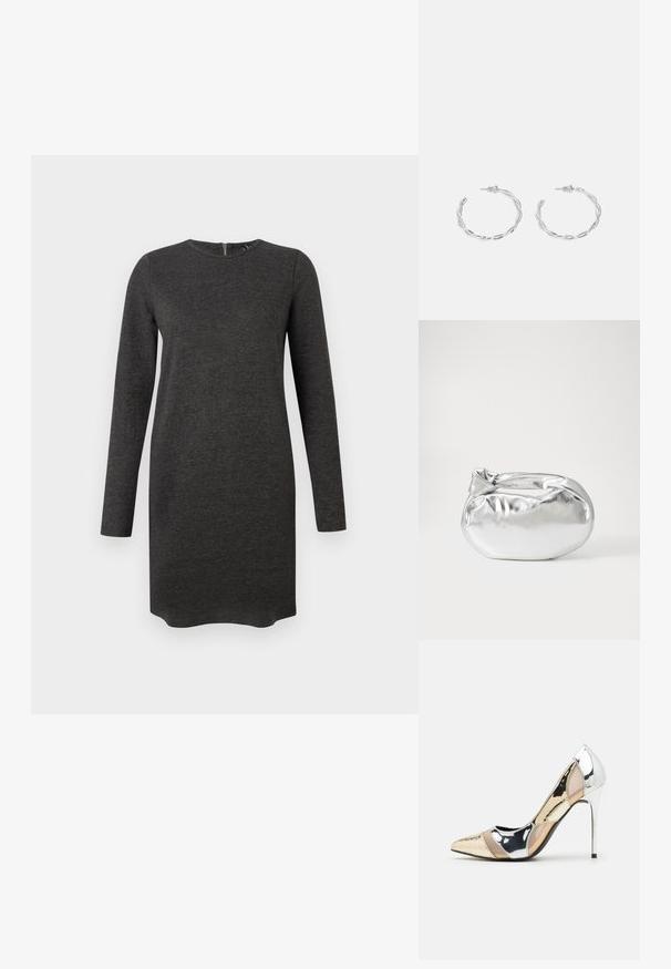 Garšas piedurkņu pelēks kleita, izgatavota no mīksta auduma ar apaļu kakla izgriezumu un nelielu tekstūru, ar aizmugurējo rāvēju.; Apspīlēta augstpapēžu kurpe ar zeltītu, sudrabi un neitrālu krāsu kombināciju. Spīguļojoša virsma ar izgriezuma dizainu, aprīkota ar stiletto papēdi.; Sudraba metāliska poga somiņa ar mīkstu, noapaļotu formu un mezgla augšējo aizdari. Izgatavota no gludas mākslīgās ādas materiāla.; Sudraba gredzenveida auskari ar savītu dizainu, kas ir ar pulētu apdari un ar aizmugurēju fiksāciju. Izmērs ir aptuveni 3 cm diametrā.