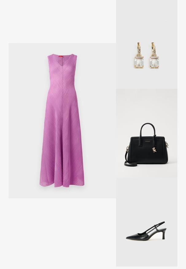 Robe sans manches, décolleté en V, de couleur violet clair, avec des plis diagonaux, une silhouette fluide et une texture lisse.; Escarpin slingback en vernis noir avec un bout pointu, présentant un imprimé serpent texturé, une sangle réglable et un petit talon bloc texturé.; Sac à main en cuir noir avec un design structuré, deux poignées supérieures, une bandoulière amovible, des accessoires en or et un pendentif avec le logo.; Boucles d'oreilles en or lumineux avec un cristal rectangulaire transparent pendent sous une rangée de petits accents ronds transparents. Design élégant et moderne.