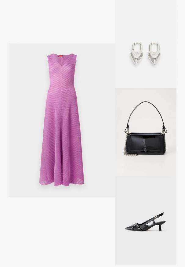 Haljina bez rukava, s V izrezom u svijetlo ljubičastoj boji s dijagonalnim nabranicama, laganom siluetom i glatkom teksturom.; Crne kožne cipele s remenom oko pete, s izduženim vrhom, dekorativnim trakama s metalnim rupama i niskom blok petom. Teksturirana površina.; Crna patentna kožna torba pravokutnog oblika, s lancem za nošenje i karakterističnim metalnim detaljem u središtu. Glatka tekstura.; Srebrni padlockovi u obliku srca s ugraviranim tekstovima "DA" i "NE", s poliranim završnim obradama, simetričnim dizajnom i robusnim metalnim kopčanjem.