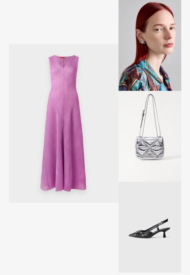 Kratke rokavice, obleka v svetlo vijolični barvi z diagonalnimi naborki, tekoča silhueta in gladka tekstura.; Črne usnjene sandale središnje zaponke z ostro konico, okrasnimi trakovi z kovinskimi očesi in nizko blokasto peto. Teksturirana površina.; Metalna srebrna torba čez ramo, ki vključuje geometrijsko prešito obliko, ravno pokrovčko in nastavljiv trak s srebrnimi dodatki.; Srebrni uhani v obliki Saturna, z zapletenimi detajli. Nosilka ima dolge rdeče lase in nosi barvno karirasto srajco.