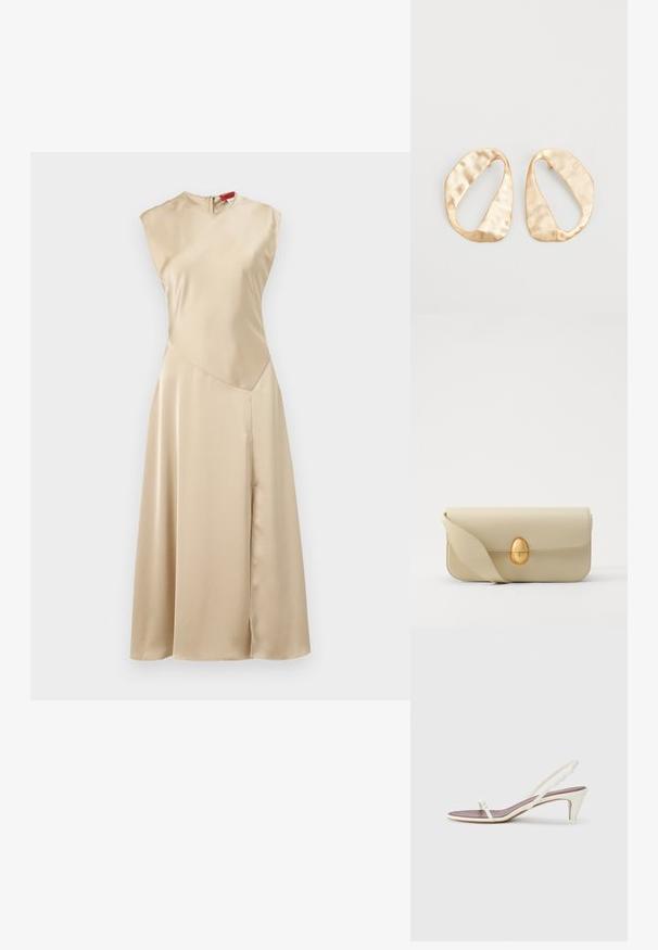 MAX&Co. LEGUME - Jurk - ecru; Witte slingback sandalen met een lichte hak, dunne banden en een gladde leren textuur; voorzien van een kleine decoratieve gesp.; Beige leren handtas met een gladde textuur, rechthoekige vorm en een gouden ovale sluiting. Beschikt over een lange, verstelbare schouderband.; Een paar onregelmatig ovale, gouden metalen oorbellen met een gestructureerd, lichtgehamerd oppervlak op een witte achtergrond.