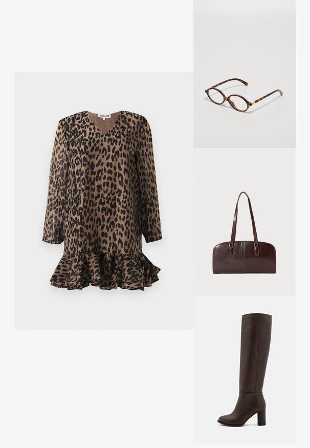 Rochie cu imprimeu leopard, cu decolteu în V, mâneci lungi și tiv cu volane evazate. Fabricată dintr-un material neted în nuanțe de marron și negru.; Botă din piele maro, până la genunchi, cu toc bloc, textură netedă, vârf rotund și detalii de cusătură minime.; Ochelari de vedere din scoică cu rame ovale, lentile clare și accente aurii. Caracteristici cu brațe curbate și un finisaj neted, lucios.; Geantă din piele maro, cu două mânere lungi, de formă rectangulară structurată, textură netedă și colțuri rotunjite. Include detalii accentuate la mânere.
