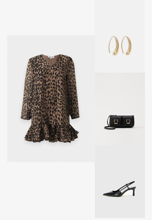 Leopardimustriga kleit V-kaelusega, pikkade varrukatega ja flared rüümiga hemiga. Valmistatud sujuvast kangast pruunides ja mustades toonides.; Mustmust paelad, millel on terav varvas, tekstuuriga maduprindiga, reguleeritav rihm ja lühike tekstuuriga plokknina.; Must küllastamata nahast õlakott, millel on kaks esist nähtavat taskut, kuldsed pandlad, tõmblukuga sulgemine ja peen rihm. Tekstuuriga pind ja kompaktne ristkülikukujuline kuju.; Kuldtoonilised metallist rõngas kõrvarõngad, millel on kõver ja piklik kuju. Omavad siledat, läikivat pinda ja ümarat tipptugevdust, mis lisab detaili.