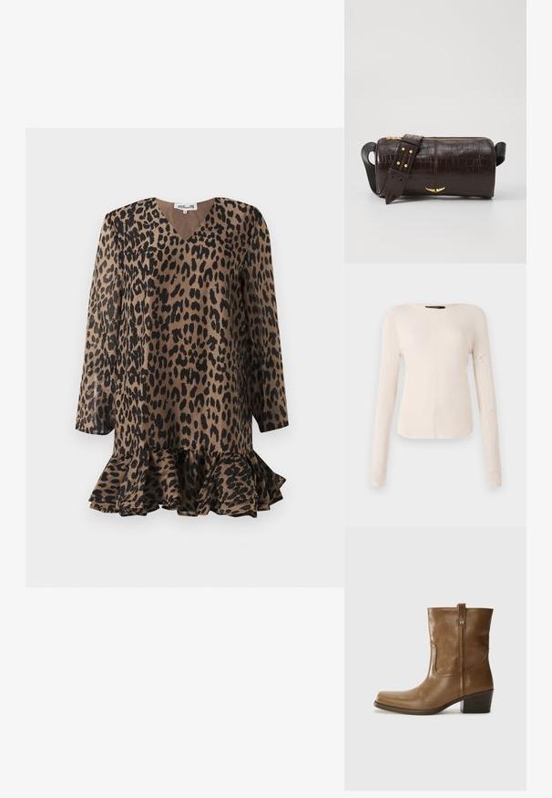 Vestido de estampado de leopardo com decote em V, mangas longas e bainha com pregas largas. Feito de um tecido suave em tons de castanho e preto.; Camisola de mangas longas, bege claro, com decote redondo. Feita de um tecido macio, apresenta uma costura central e uma bainha ligeiramente curva. Sem ferragens visíveis.; Bota de tornozelo em couro castanho com bico quadrado, acabamento texturizado e salto baixo em camadas. Apresenta uma alça na parte de trás e detalhes de costura discretos.; Bolsa de couro com textura de crocodilo na cor marrom, com forma cilíndrica, metalizações em tom dourado e uma alça destacável com tachas.