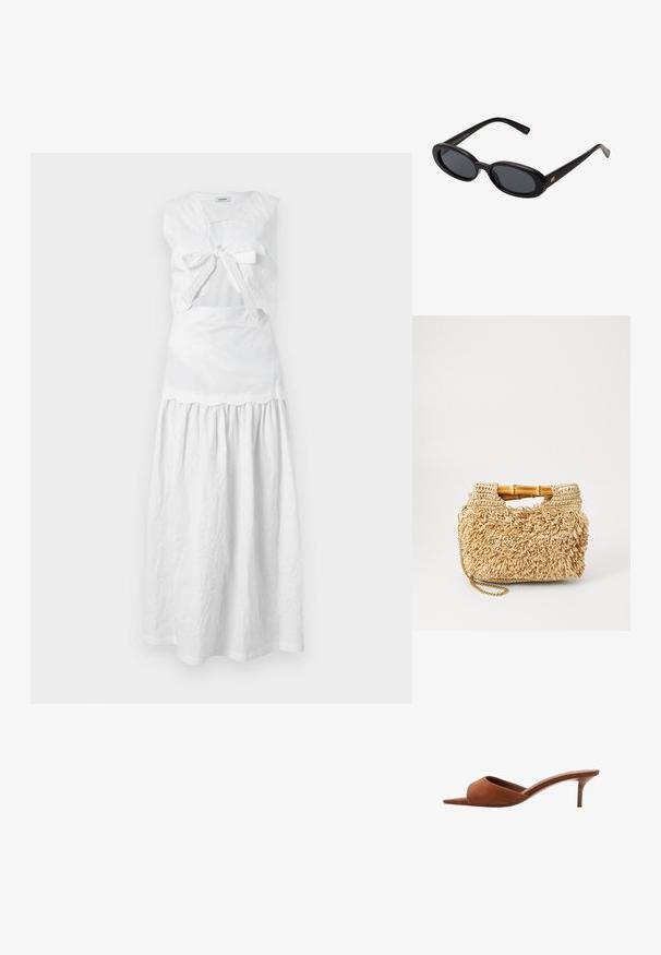 sandro - Sukienka letnia; Brązowe zamszowe mule z odkrytymi palcami o zakrzywionej formie, z niskim obcasem w stylu stiletto i gładkimi, minimalistycznymi liniami.; Czarne, oversize okulary przeciwsłoneczne z owalnymi soczewkami, gładkim plastikowym mostkiem i złotymi akcentami na zausznikach. Ciemne soczewki zapewniają ochronę przed słońcem.; Wykonana z tkanego słomy torebka z bambusowymi uchwytami, charakteryzująca się teksturowanym frędzlem w naturalnym beżu i złotym łańcuszkiem.