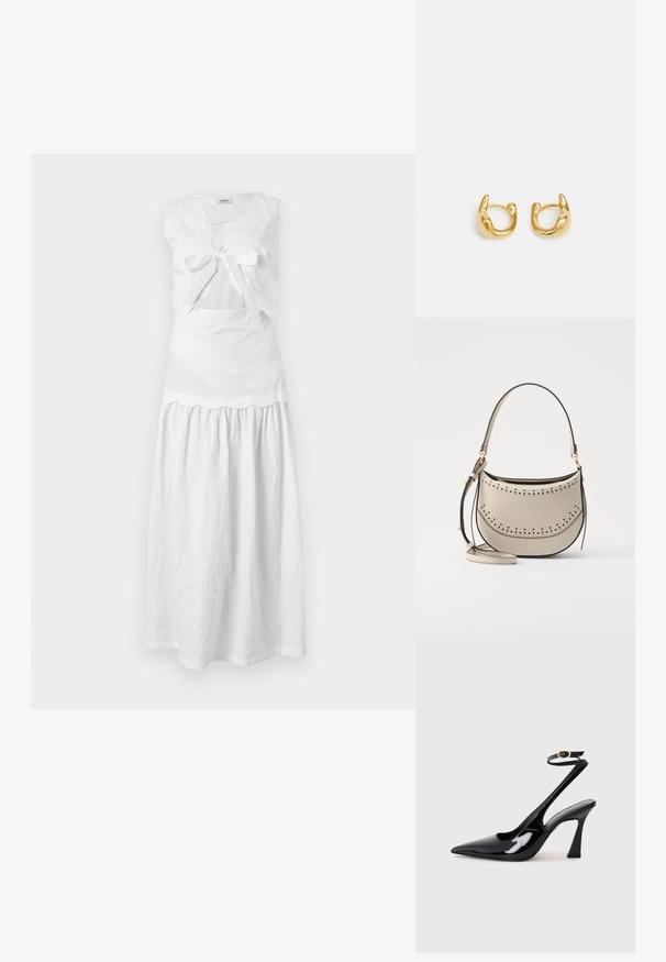 sandro ROBE - Vestido informal - off white; Tacan de charol negro con tacón alto de slingback, con punta afilada, correa ajustable en el tobillo y un tacón bloque moderado. Textura suave con acabado brillante.; Vanessa Bruno MINI DAILY BAG - Bolso de mano - ivoire; Pendientes de aro dorados con un diseño suave y redondeado, acabado pulido. Los pendientes tienen una forma compacta y robusta, y un cierre sin costuras.