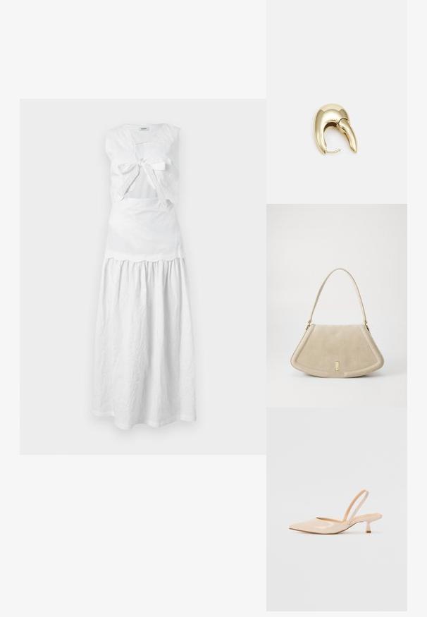 sandro - Sukienka letnia; Beżowe lakierowane czółenka na odkrytej pięcie z zasunięciem, z ostrym noskiem i smukłym, kwadratowym obcasem. Gładka faktura i minimalistyczny design bez zdobień.; Beżowa torebka z zamszu o zaokrąglonym trójkątnym kształcie, z pojedynczym paskiem i złotą akcentacją na przodzie.; Złote metalowe kolczyki o eleganckim, zakrzywionym kształcie. Posiadają charakterystyczny szpiczasty kształt, polerowaną powierzchnię oraz zapięcie na zawias.
