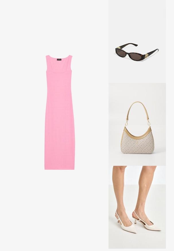 Prążkowana, bezrękawnikowa sukienka midi w jaskrawym różowym kolorze. Posiada kwadratowy dekolt i dopasowany krój, co nadaje smukły wygląd.; Beżowe lakierowane szpilki z odkrytą piętą, zakończone spiczastym noskiem i 5 cm obcasem, z wyciętymi bokami oraz cienkim paskiem na kostce.; Słoneczne okulary w kolorze żółwi z wydłużonymi owalnymi soczewkami, brązowym odcieniem, złotymi akcentami logo na zausznikach oraz smukłymi czarnymi ramionami.; Beżowa torebka w wzory o zakrzywionym kształcie, z skórzanymi akcentami i złotym logo z przodu. Posiada krótki uchwyt, co ułatwia noszenie.; Naszyjnik z pereł i kryształów o okrągłym, koralikowym wzorze w jasnych odcieniach, z naprzemiennie umieszczonymi perłami i błyszczącymi akcentami, noszony na szyi.