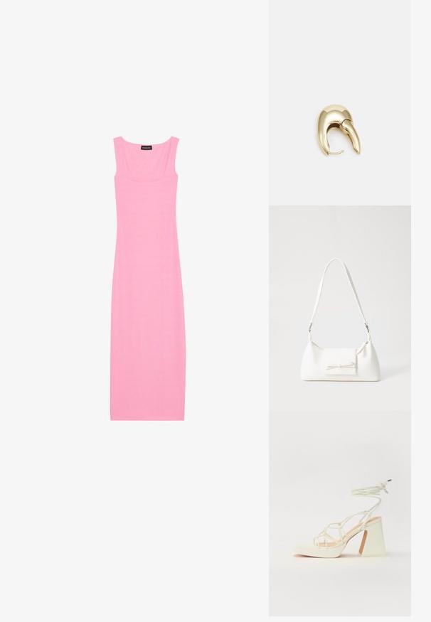 Ribbed, without sleeves, midi-mekko kirkkaan vaaleanpunaisena. Ominaisuuksiin kuuluu neliönmallinen kaula-aukko ja istuva siluetti, joka luo virtaviivaisen ilmeen.; Valkoinen korkokenkä, jossa on paksu korko, ja joka sisältää nauhakiinnityksen ja nilkkaketjun. Sujuva pinta, jossa on platform-etupohja lisäkorkeutta varten.; Valkoinen synteettinen käsilaukku, jossa on kolmikulmainen muoto, tasainen etu läppä ja nauhadetail, säädettävä olkahihna, sileä rakenne ja minimalinen muotoilu.; Kultahipuinen korvakoru, jossa on sulavalinjainen, kaareva muotoilu. Ominaisuuksiin kuuluu erottuva terävä muoto, kiillotettu pinta ja sarana kiinnitys.