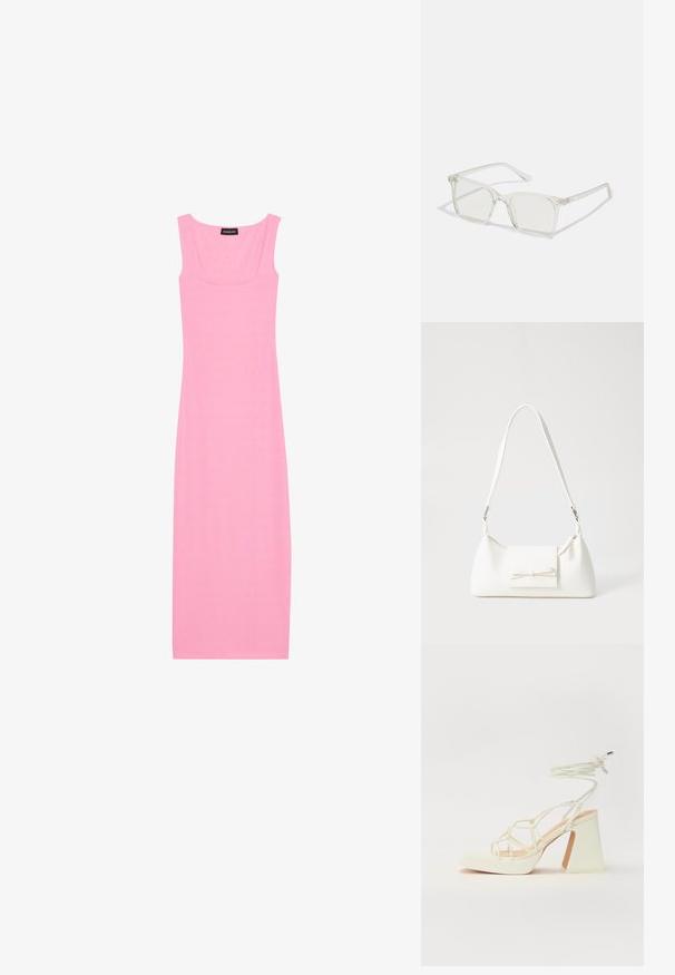 Ribbade, ärmlösa midiklänning i klarrosa. Har en fyrkantig halsringning och en figurnära siluett för en strömlinjeformad look.; Vit högklackad sandal med en kraftig klack, med ett remdesign och ankelband. Slät textur med en plattform framtill för ökad höjd.; Klart plastfyrkantiga glasögon med genomskinliga linser, med guldfärgade detaljer på bågarna för extra stil.; Vit syntetisk handväska med triangulär form, platt framklaff och rosettdetalj, justerbar rem, slät textur och minimalistisk design.