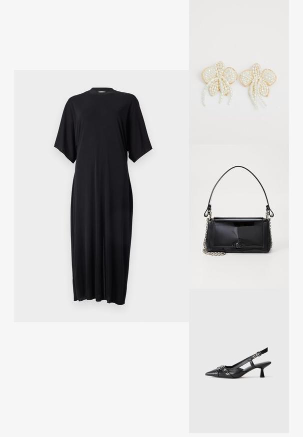 Rochie neagră, cu mânecă scurtă, dintr-un material moale, având o siluetă dreaptă și un guler înalt, cu fante laterale pentru confortul mișcării.; Pantofii slingback din piele neagră, cu vârful ascuțit, curele decorative cu ochiuri din metal și toc bloc mic. Suprafață texturată.; Geantă din piele patent neagră, cu o formă rectangulară, mânere din lanț și un accent distinctiv din metal în centru. Textură netedă.; Cercei cu flori din perlă, accentuați cu aur. Fiecare petală are mici perle rotunde dispuse într-un design floral, cu detalii de perle care se încadrează în formă de traiectorii.