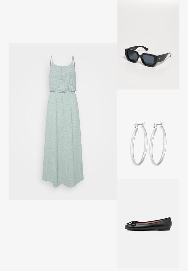 Maxi šaty v mentolovej zelenej farbe, ľahký materiál s bielymi bodkami, elastický pás a tenké nastaviteľné ramienka. Plynulý A-líniový silueta.; Čierne kožené balerínky s okrúhlou špičkou, majú dekoratívnu mašľu a hladký povrch. Minimalistický dizajn s nízkou, plochou podrážkou.; Čierne nadrozmerné slnečné okuliare s geometrickým vzorom, obdĺžnikové šošovky a lesklý povrch. Na prednej strane nie sú viditeľné žiadne značky.; Strieborné kruhové náušnice s hladkým, lesklým povrchom. Kolový tvar a bezpečné klikanie na uzatváranie. Ľahký dizajn vhodný na každodenné nosenie.