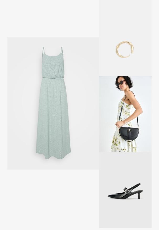 Maxi šaty v mentolovej zelenej farbe, ľahký materiál s bielymi bodkami, elastický pás a tenké nastaviteľné ramienka. Plynulý A-líniový silueta.; Čierne patentové kožené sandále na podpätku so špicatou špičkou a malým blokovým podpätkom, s dekoratívnou striebornou sponou na remienku.; Čierna kožená kabelka s zaobleným tvarom, odnímateľným popruhom a zlatými doplnkami. Kabelka má klopu s detailom s prackou.; Prsteň v zlatej farbe s organickým, skrúteným dizajnom, hladkým povrchom a zužujúcimi sa koncami, vytvárajúci moderný, sochársky vzhľad.