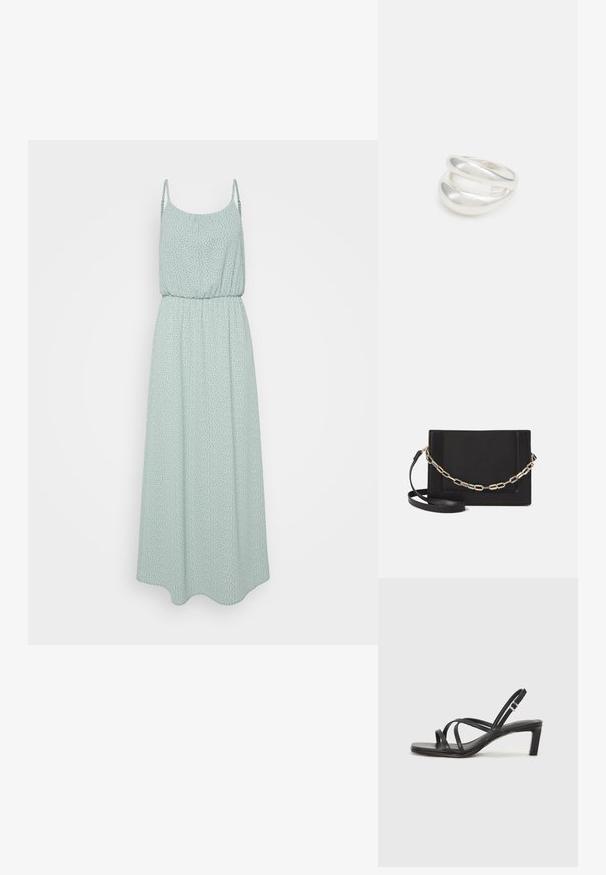 Maxi sukienka w miętowym kolorze, lekka tkanina w białe kropki, elastyczna talia i cienkie regulowane ramiączka. Zwiewna sylwetka w kształcie litery A.; Czarne sandały na obcasie z prostokątnym noskiem i niskim słupkowym obcasem. Posiadają wiele cienkich pasków i regulowany pasek na kostkę. Wykonane z gładkiej skóry.; Czarna skórzana torebka typu crossbody z gładką teksturą, prostokątnym kształtem oraz metalowym detalem w postaci łańcuszka z przodu. W zestawie regulowany pasek.; Srebrna obrączka podwójna z gładką, polerowaną powierzchnią. Posiada płynny, zakrzywiony kształt z nakładającymi się sekcjami, co nadaje nowoczesny wygląd.