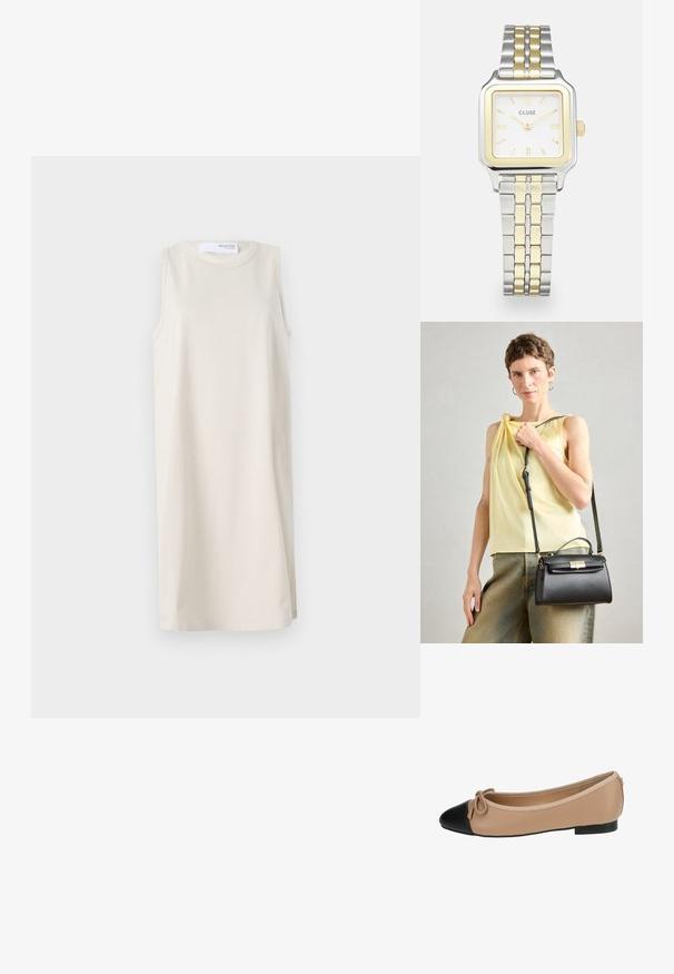 Hihaton beige mekko pyöreällä kaula-aukolla, valmistettu pehmeästä kankaasta. Yksinkertainen muotoilu, jossa on rento istuvuus ilman näkyviä kuvioita tai yksityiskohtia.; Beige nahka ballet-tossut, joissa on musta kärki. Ominaisuuksiin kuuluu edessä oleva nauhakulma ja sileä pinta. Matala profiili, jossa on kumipohja.; Musta nahkalaukku, jossa on jämäkkä muotoilu, yläkahva ja säädettävä hihna. Sileä pinta ja kultainen kiinnitysdetail.; Neliömäinen Cluse-kello, jossa on valkoinen taulu, kultaiset ja hopeiset yksityiskohdat sekä bi-metalliranneke, jossa on vuorotellen kultaisia ja hopeisia linkkejä.