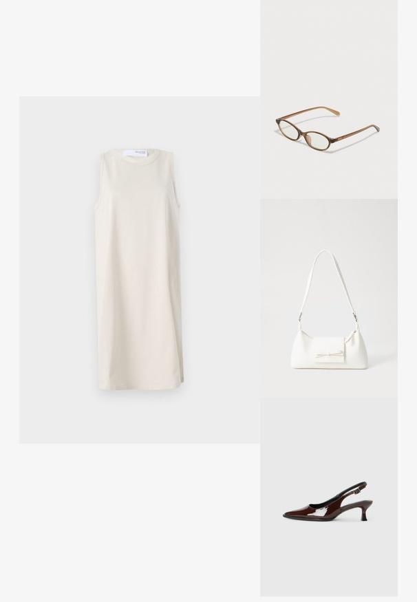 Beżowa sukienka bez rękawów z okrągłym dekoltem, wykonana z miękkiego materiału. Prosty krój z luźnym fasonem, bez widocznych wzorów czy akcentów.; Brązowe lakierowane skórzane buty na obcasie typu slingback z ostrym noskiem i umiarkowanym obcasem. Posiadają pasek z klamrą dla zapewnienia stabilnego dopasowania. Gładka tekstura.; Brązowe okulary w motyle z owalnymi soczewkami, cienkimi ramionami i przezroczystymi akcentami. Posiadają subtelne logo na zauszniku. Smukły, lekki design.; Biała syntetyczna torba o trójkątnym kształcie, płaskim przednim klapce i detalach w postaci kokardy, regulowanym pasku, gładkiej fakturze oraz minimalistycznym designie.