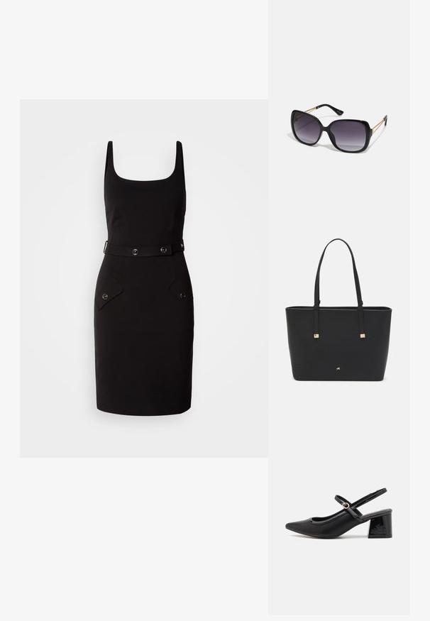 Juoda prigludusi suknelė su kvadrato formos iškirpte, reguliuojamas diržas su apvaliais aksesuarais ir dviem priekiniais kišenėmis su apskrito fasono užvalkaliukais.; Juodi patentinio odos slingback aukštakulniai su smailiu pirštu, apvaliu išpjovimu ir blokiniu kulnu. Papuošti auksiniu juostos akcentu.; Juodos didelės saulės akinių su pereinamais objektyvais, storomis rėmeliais ir auksinės spalvos grandinėmis ant šventyklų.; Juodas sintetinio pluošto rankinis krepšys, turintis paprastą stačiakampį dizainą, auksines kvadratines detales ir dvi rankenas.