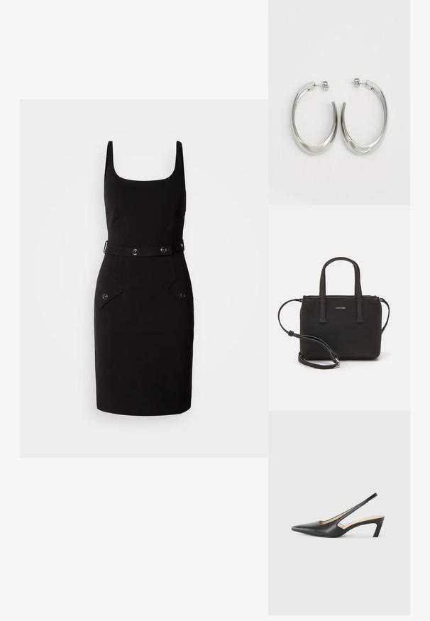Čierne priliehavé šaty so štvorcovým výstrihom, nastaviteľný opasok s okrúhlou sponou a dve predné vrecká s zaoblenými klopami.; Čierne slingback topánky s ostrou špičkou a nízkym opätkom, vyrobené z hladkej kože a s výrezmi na boku pre lepšiu priedušnosť.; Čierna kabelka s dvojitými krátkymi rúčkami a odnímateľným ramenným popruhom. Hladký materiál podobný koži s uzatváraním na zips a detailom loga.; Strieborné kruhové náušnice s hladkým, zakriveným dizajnom. Majú lesklý kovový povrch a zapínanie na kolík. Žiadne viditeľné vzory ani akcenty.