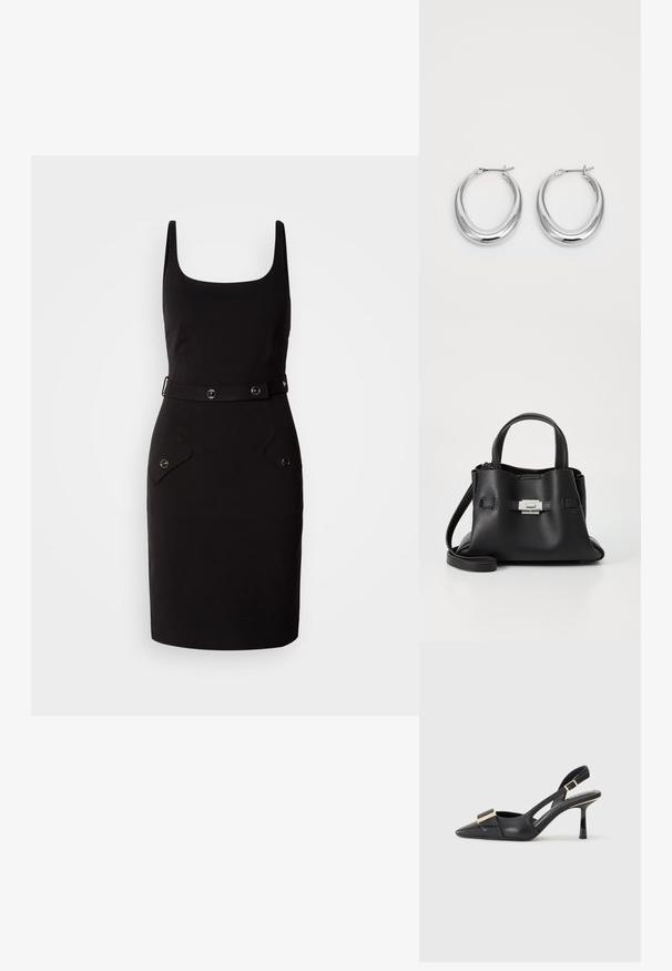 Must küllusjuhtmega kleit ruudukujulise kaelakaarega, reguleeritav vöö ümmarguste detailidega ja kaks esipocketit ümarate klapidega.; Must musta slinga-seljak, terav varvas, peen kont ja kuldse tooni aksessuaar vampiiril. Sile tekstuur ja struktureeritud disain.; Mustmust kott, millel on tekstuuriga viimistlus, sisaldab kahte ülemist kättehaaret, eemaldatavat õlarihma ja hõbedast luku detaili.; Polished hõbedased kuplikuulidega kumerad kõrvarõngad, millel on hingedega klambrid, valgel taustal.