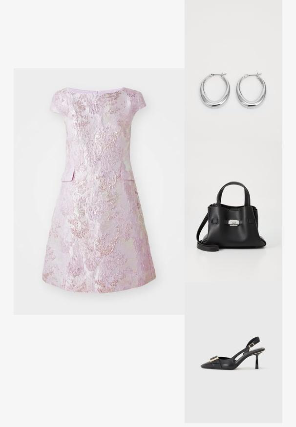 Marc Cain Cocktailkleid/festliches Kleid - deep lavender; Schwarzer Leder-Slingback-Schuh mit spitzem Zehenbereich, schlankem Absatz und goldfarbener Hardware-Akzent am Vorderfuß. Glatte Textur und strukturierte Form.; Schwarze Ledertasche mit strukturiertem Finish, ausgestattet mit zwei oberen Griffen, einem abnehmbaren Schultergurt und einem silbernen Verschlussdetail.; Ein Paar polierte silberne Halbmond-Ohrringe mit Scharnierverschlüssen auf einem weißen Hintergrund.