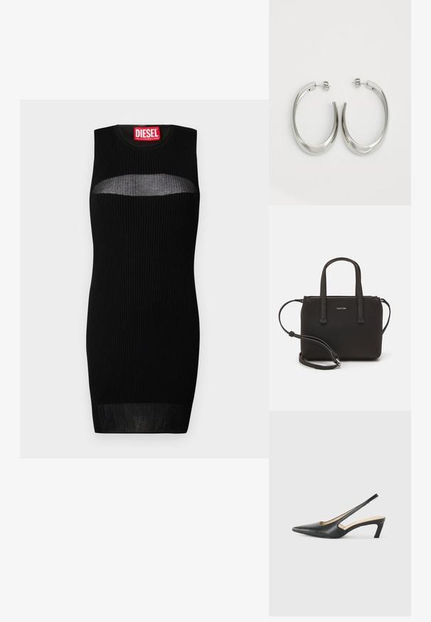 Musthave must-särgmise musta kleidi ribakanga tekstuuriga, millel on poolläbipaistev lõige rinnal. Etikett kannab uut "DIESEL" tugevas punases kirjas.; Must mustaga, terav varvas, madala kontsaga sildiga king, mis on valmistatud siledast nahast ja mille küljel on lõike disain hingavuse tagamiseks.; Musthave mustrans vöö ja eemaldatav õlarihm. Gludike nahk siledaga, millel on tõmblukk ja logo detail.; Hõbe rõngas kõrvarõngad, millel on sujuv ja kõver kuju. Omab läikivat metallist viimistlust ja nupuga sulgemist. Pole nähtavaid mustreid ega aksessuaare.