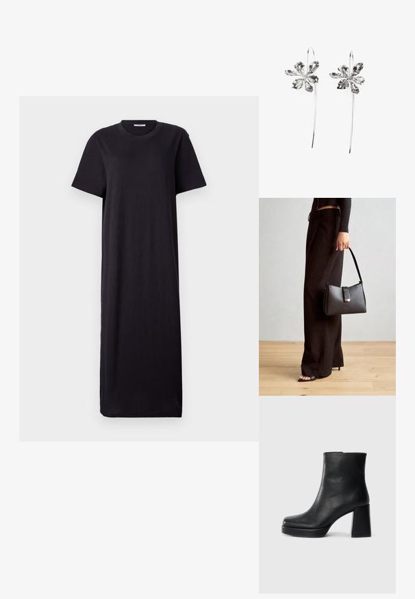 Vestido maxi preto, de mangas curtas, feito de um tecido macio; apresenta um decote redondo e uma silhueta solta e reta com uma bainha até ao tornozelo.; Bota de couro preta até ao tornozelo com salto bloco e sola com plataforma, vista de lado sobre um fundo branco liso.; Bolsa preta com forma estruturada, textura suave e um fecho metálico. Combinada com calças largas pretas e sandálias de salto aberto sobre um chão de madeira.; Brincos em forma de flor prateados com um acabamento texturizado, apresentando ganchos longos e detalhes semelhantes a pétalas para um design intrincado.
