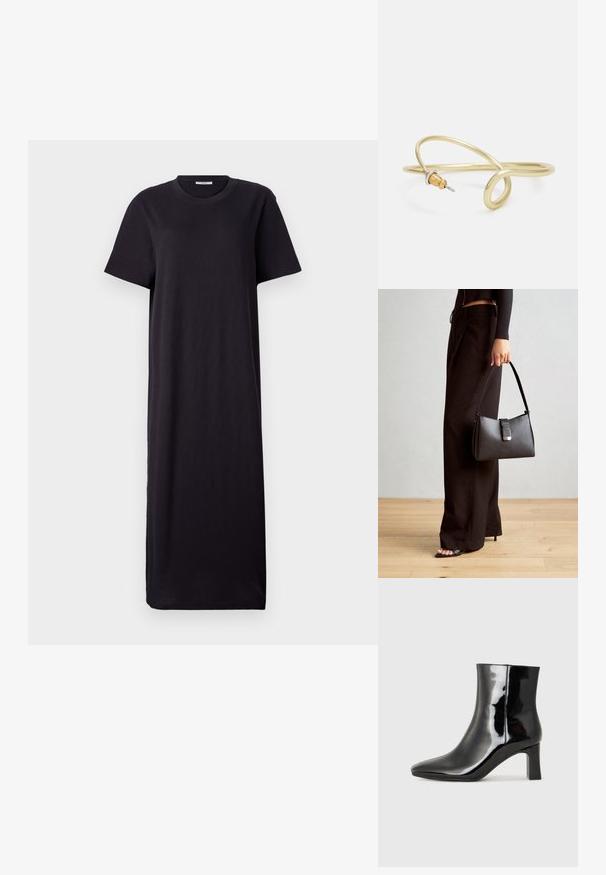 Must mustrivaline mustrihvel, lühikeste varrukatega must kleit, mis on valmistatud pehmest kangast; sellel on ümar kaelus ja lahtine, sirge siluett, mille hem lõppeb pahkluuni.; Must-sinine nahkjalats musta läikiva viimistlusega, millel on terav nina ja keskmise kõrgusega plokk konts. Sile tekstuur ja minimalistik disain.; Must musta kott, millel on struktureeritud kuju, sile tekstuur ja metallist klamber. Kombineeritud laiate mustade pükstega ja avatud varvaste sandaalidega puidust põrandal.; Kuldne metallist käevõru, millel on voolav ja kõver disain. Ühel otsal on väike, silmapaistev hõbedane aktsent.