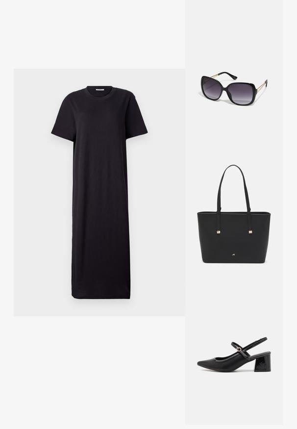 Rochie maxi neagră, cu mânecă scurtă, realizată dintr-un material moale; are un guler rotund și o siluetă lejeră, dreaptă, cu o lungime până la gleznă.; Cizme cu toc slingback din piele sintetică lacuită neagră, cu vârful ascuțit, un design cu decupaj rotunjit și toc bloc. Include un accent cu cataramă de culoare aurie.; Ochelari de soare negri, supradimensionați, cu lentile degradate, rame groase și detalii cu lanț de ton auriu pe brațele templului.; Pungă tote neagră, fabricată din material sintetic, având un design simplu rectangular, accente aurii pătrate și mânere duble.