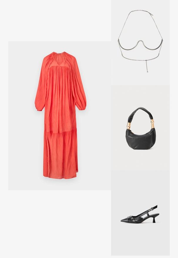 Długa, koralowa sukienka z plisowanym materiałem, dekoltem w serek i bufiastymi rękawami, z warstwowym dołem dla dodatkowej objętości.; Czarne skórzane buty typu slingback z ostrym noskiem, ozdobnymi paskami z metalowymi oczkami oraz niskim klinowym obcasem. Teksturowana powierzchnia.; Czarna skórzana torebka o okrągłym kształcie, miękkiej fakturze i wiązanym uchwycie z akcentami w złotym odcieniu. Zamek błyskawiczny.; Cult Gaia - Inne akcesoria