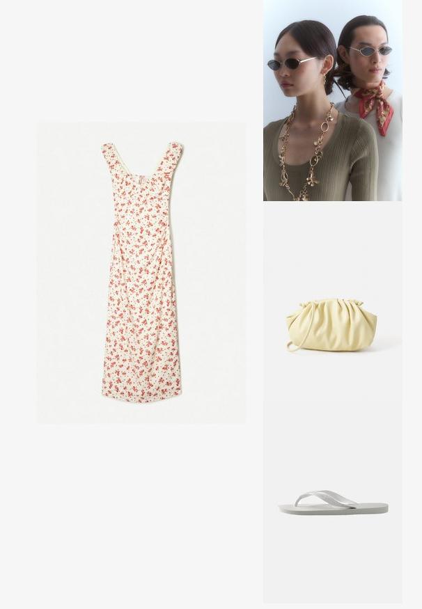Cvetna midi obleka v kremni barvi z rdečimi rožami, z okroglo izrezano ovratnikom in kratkimi rokavi. Mehka tkanina z tekočim A-silhueto.; Bele natikače z teksturirano podplatom in dvema tankima trakoma. Traki so gladki z diskretnim označevanjem. Brez vzorcev ali dodatnih okraskov.; Okrogle sončne očala s temnimi lečami in tankimi srebrnimi okvirji. Eden ima na sebi zlat verižico, medtem ko ima drugi rdeč šalom z vzorcem.; Rumena nabirana torbica iz gladke umetne kože, ki ima mehko obliko, en ramenski trak in nabran vrhnji del.