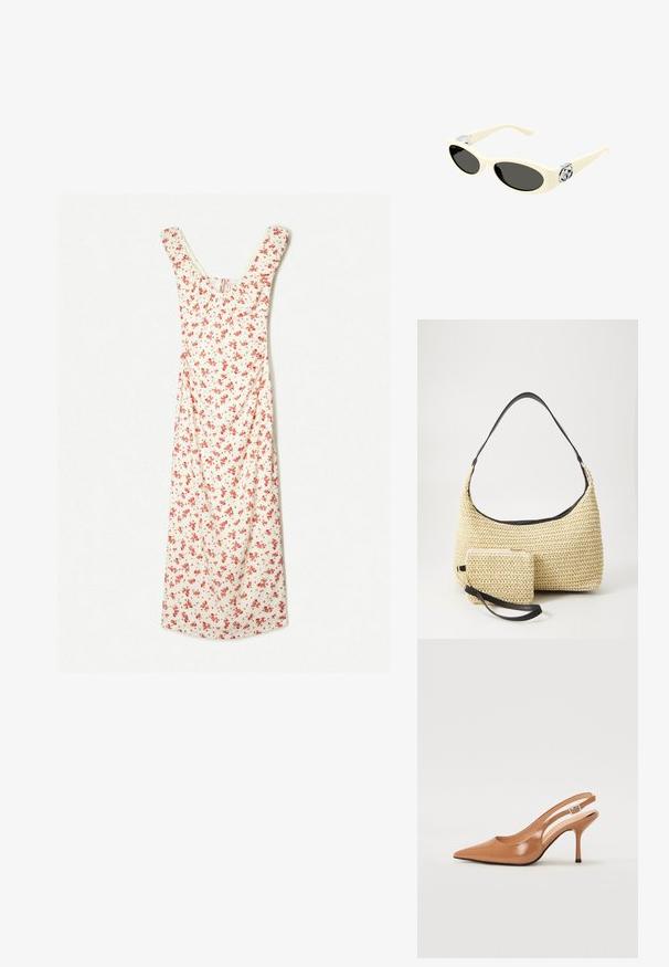 Kremowa sukienka midi w kwiaty w odcieniu czerwonym, z dekoltem w serek i krótkimi rękawami. Miękka tkanina o swobodnym kroju w kształcie litery A.; Sandały na obcasie z kwadratowym noskiem, wykonane z gładkiego, błyszczącego materiału w kolorze brązowym. Charakteryzują się zaokrąglonym wycięciem i smukłym obcasem typu stiletto. Detal w postaci srebrnej klamry.; Okulary przeciwsłoneczne w kolorze kremowym z owalnymi soczewkami, czarnym przyciemnieniem i metalowymi logo na zausznikach. Gładka faktura, design w stylu kociego oka.; Woven straw handbag o zaokrąglonym kształcie, z gładkim czarnym skórzanym paskiem oraz dopasowaną małą sakiewką przypiętą na pasku na nadgarstek.