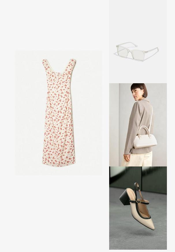 Cvetna midi obleka v kremni barvi z rdečimi rožami, z okroglo izrezano ovratnikom in kratkimi rokavi. Mehka tkanina z tekočim A-silhueto.; Bežna slingback čevlja z uskim sprednjim delom, črnimi detajli, zlatim zaponko in debelim blokovskim peto na sivi tleh s temno zeleno ozadje.; Prozorne kvadratne plastične očala s prozornimi lečami, ki imajo zlato dekoracijo na ročajih za dodaten pridih podrobnosti.; Bela strukturirana torba z kratkimi ročaji in naramnim trakom, z zlatimi okrasnimi elementi in teksturiranim materialom, prikazana na sivi podlagi.