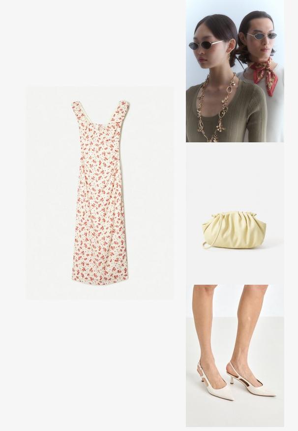 Cvjetna midi haljina u krem boji s crvenim cvjetovima, s ovalnim izrezom i kratkim rukavima. Mekana tkanina s lepršavim A-linijskim oblikom.; Bež cipele na petu od lakiranih koža s uskim vrhom i petom od 5 cm, s izrezanim stranama i tankim remenom oko gležnja.; Kružne naočale s tamnim staklima i tankim srebrnim okvirom. Jedna osoba nosi zlatnu lančić-ogrlicu, dok druga ima crveni šal s uzorkom.; Žuta plisirana torbica napravljena od glatke umjetne kože, s mekim oblikom, jednom naramenicom i nabranim dizajnom na vrhu.