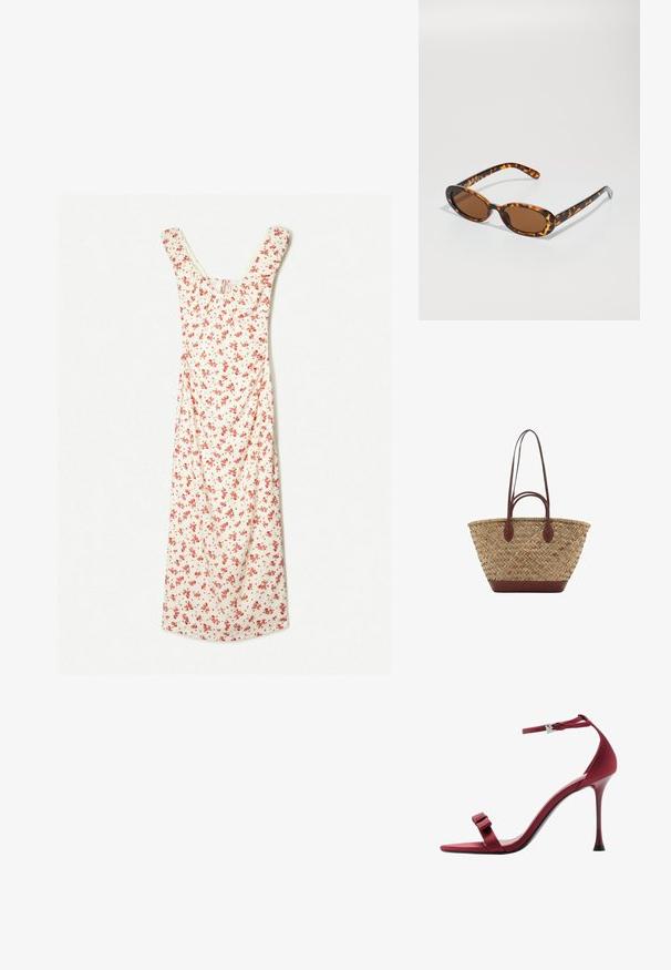 Cvetna midi obleka v kremni barvi z rdečimi rožami, z okroglo izrezano ovratnikom in kratkimi rokavi. Mehka tkanina z tekočim A-silhueto.; Rdeče satenske sandale na visoki peti z zapestnico, tanko peto, kvadratnim povrhnjim delom in okrasno pentljo na sprednjem traku. Črn podplat.; Želve kreme sončna očala z ovalnimi okvirji, rjavimi lečami in tankimi črnimi ročaji, ki imajo subtilne vzorčne akcentne podrobnosti.; Tkana torba iz trstike z pleteno teksturo, temno rjavi usnjeni ročaji in dno, široka okrogla oblika in odprt vrhnji del.