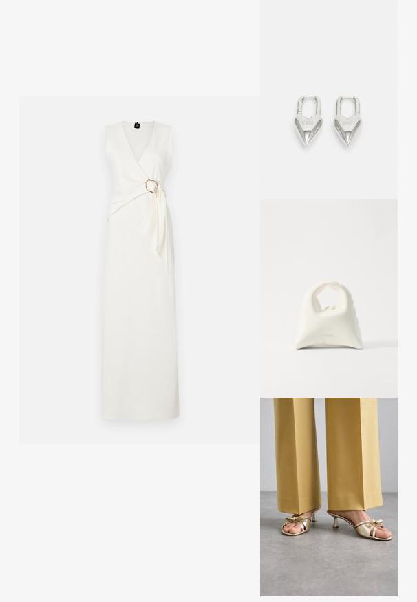 Biała sukienka bez rękawów z głębokim dekoltem w kształcie litery V, projekt owinięty, bocznym marszczeniem i złotym okrągłym akcentem w talii. Gładka faktura.; Stuart Weitzman FELICITY złoty; Biała torebka o teksturowanym, zakrzywionym designie. Posiada wyraźny uchwyt i okrągłe dno, z gładką powierzchnią i minimalną ilością dodatków.; Srebrne kłódki w kształcie serca z wygrawerowanymi napisami "TAK" i "NIE", polerowane wykończenie, symetryczny design oraz mocny metalowy zamek.