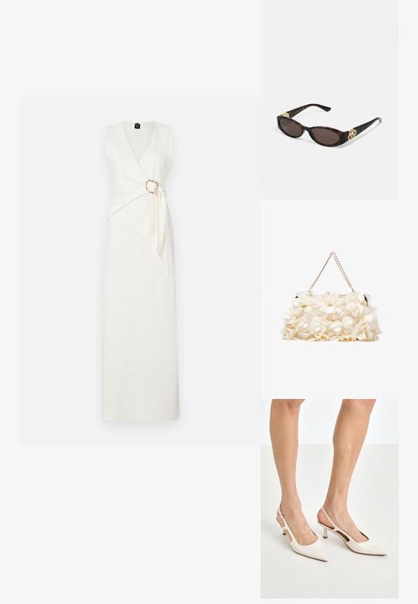 Bílé bezramínkové šaty s hlubokým výstřihem do V, zavinovací design, boční drapérie a zlatý kruhový akcent v pase. Hladká textura.; Béžové lakované lodičky na podpatku s špičatou špičkou a 5 cm podpatkem, se vykrojenými boky a tenkým kotníkovým páskem.; Brýle sluneční s kočičím vzorem, prodloužené oválné čočky, hnědý odstín, zlaté logo na spáncích a elegantní černé nožičky.; Bílá květinová kabelka s nabraným textilním povrchem, řetízkovým popruhem ve zlatém tónu a kovovým zámkem. Disponuje texturovanými okvětními lístky pro větší detail.