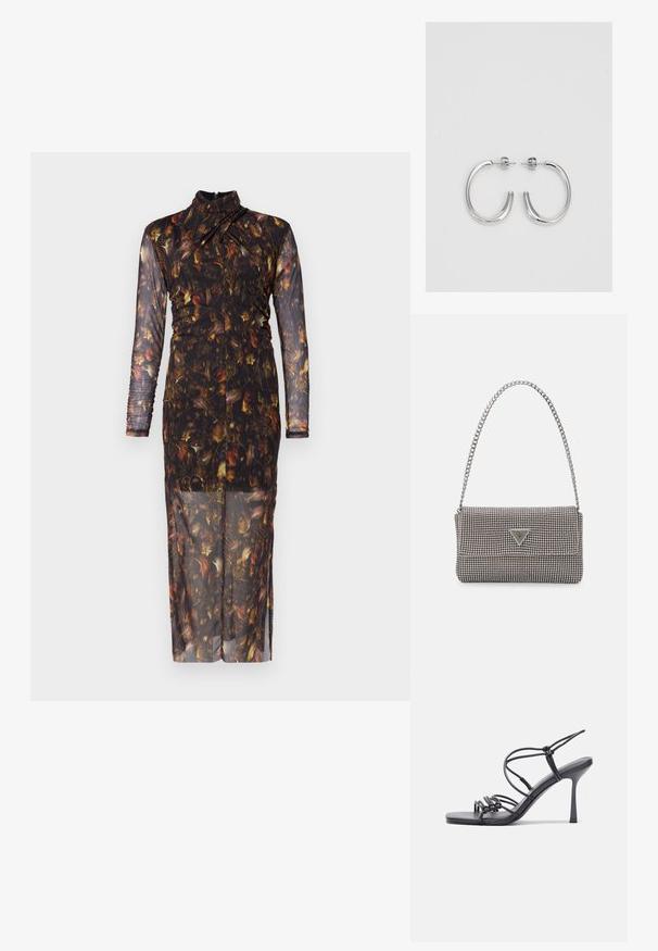 Rochie cu mânecă lungă, transparentă, cu un model floral în tonuri închise, având un guler înalt și plisaje pe corp pentru o siluetă ajustată.; Sandale negre cu toc înalt au curele subțiri cu un design legat, un vârf pătrat neted și un toc stiletto elegant.; Geantă metalică gri deschis, cu un strap din lanț, decorată cu mici ținte circulare metalice și un logo de marcă triangular.; Cercei rotunzi din argint cu un finisaj neted și strălucitor. Design ușor, având o formă rotundă și închidere cu tijă.